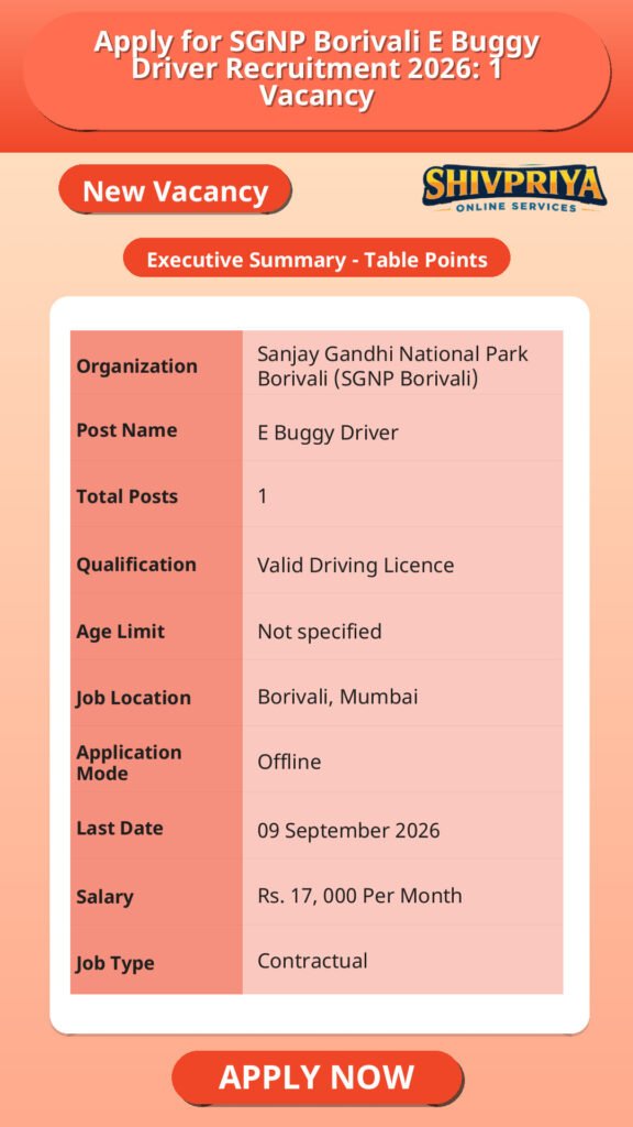 Apply for SGNP Borivali E Buggy Driver Recruitment 2026: 1 Vacancy