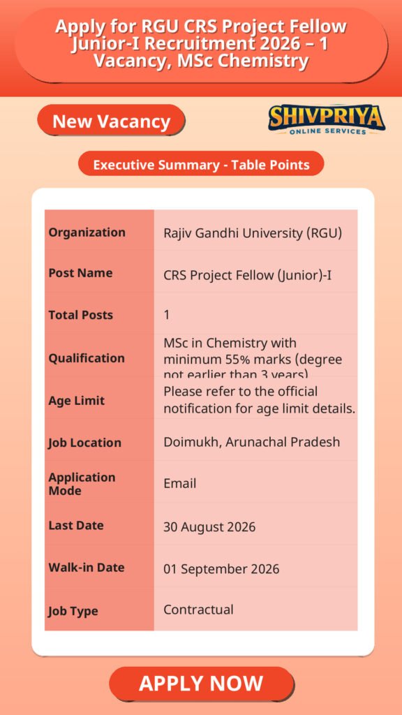 Apply for RGU CRS Project Fellow Junior-I Recruitment 2026 – 1 Vacancy, MSc Chemistry