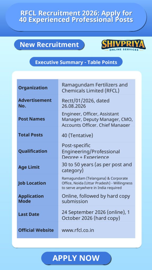 RFCL Recruitment 2026: Apply for 40 Experienced Professional Posts