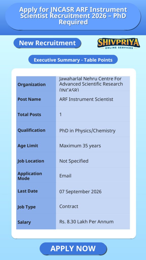 Apply for JNCASR ARF Instrument Scientist Recruitment 2026 – PhD Required