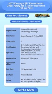 NIT Warangal JRF Recruitment 2026: Apply for 1 Junior Research Fellow Post