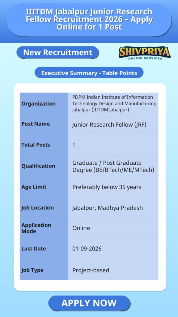 IIITDM Jabalpur Junior Research Fellow Recruitment 2026 – Apply Online for 1 Post
