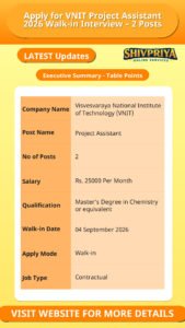 Apply for VNIT Project Assistant 2026 Walk-in Interview – 2 Posts