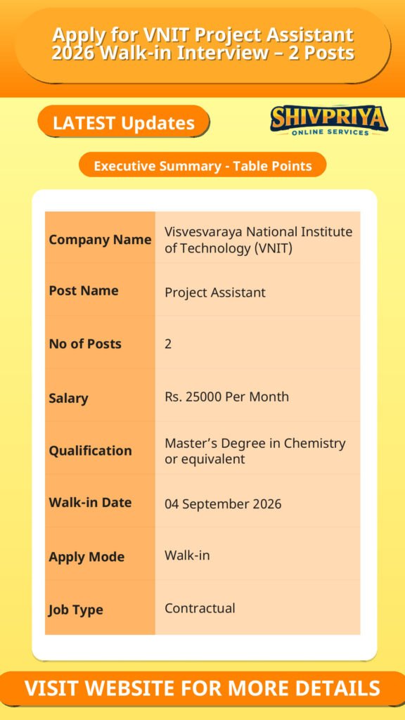 Apply for VNIT Project Assistant 2026 Walk-in Interview – 2 Posts