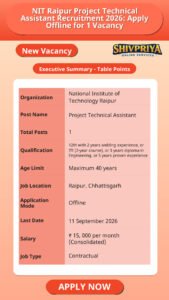 NIT Raipur Project Technical Assistant Recruitment 2026: Apply Offline for 1 Vacancy