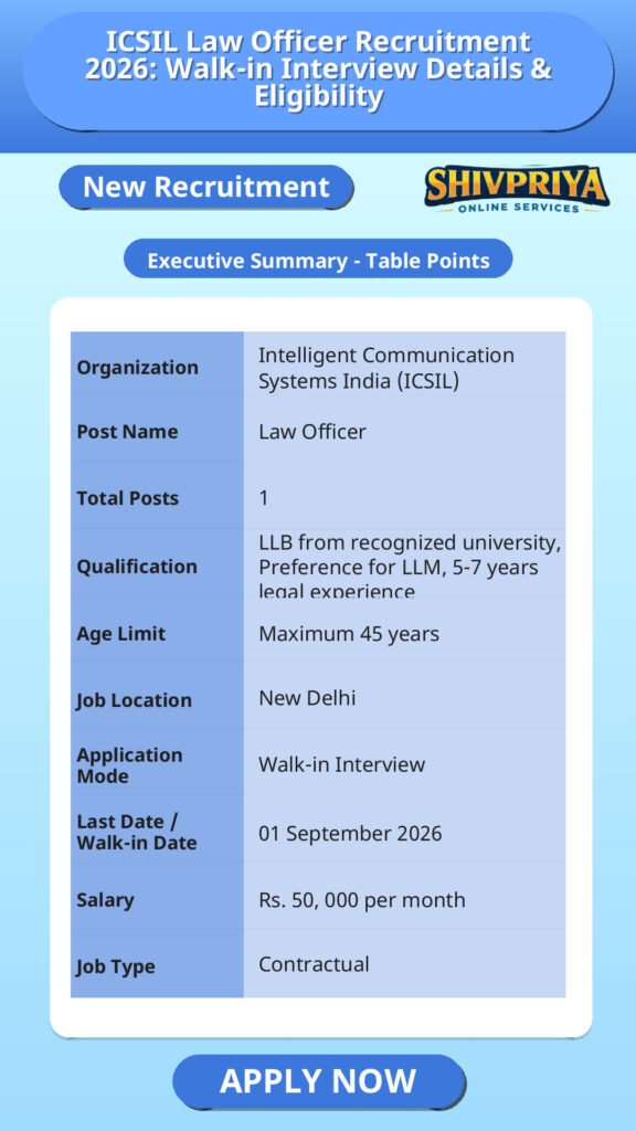 ICSIL Law Officer Recruitment 2026: Walk-in Interview Details & Eligibility