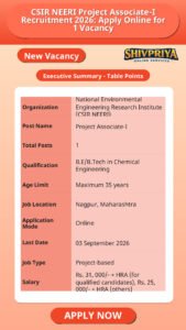 CSIR NEERI Project Associate-I Recruitment 2026: Apply Online for 1 Vacancy