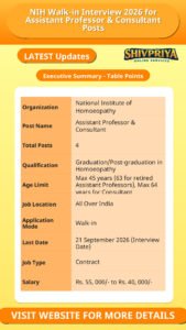 NIH Walk-in Interview 2026 for Assistant Professor & Consultant Posts