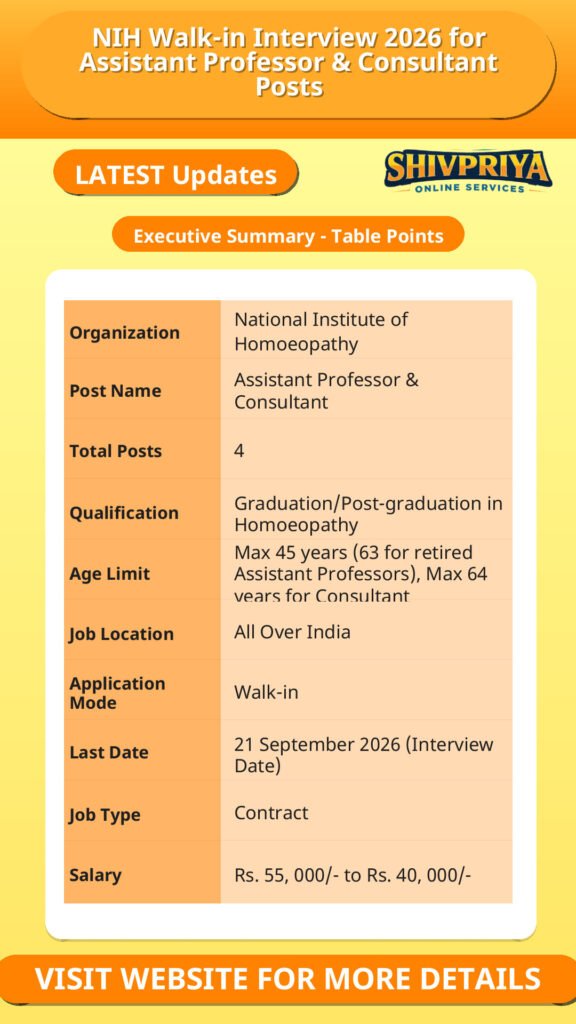 NIH Walk-in Interview 2026 for Assistant Professor & Consultant Posts