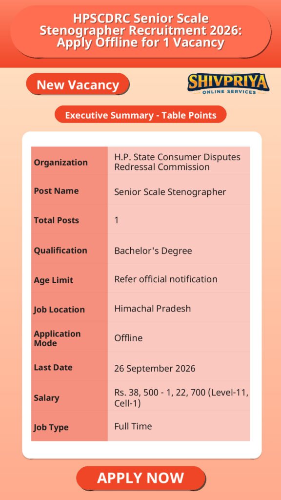 HPSCDRC Senior Scale Stenographer Recruitment 2026: Apply Offline for 1 Vacancy