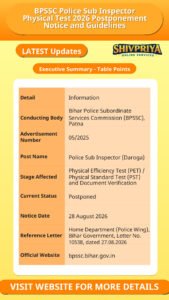 BPSSC Police Sub Inspector Physical Test 2026 Postponement Notice and Guidelines
