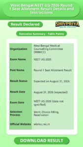 West Bengal NEET UG 2026 Round 1 Seat Allotment Result Details and Instructions