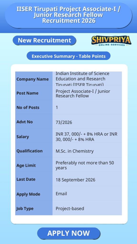 IISER Tirupati Project Associate-I / Junior Research Fellow Recruitment 2026
