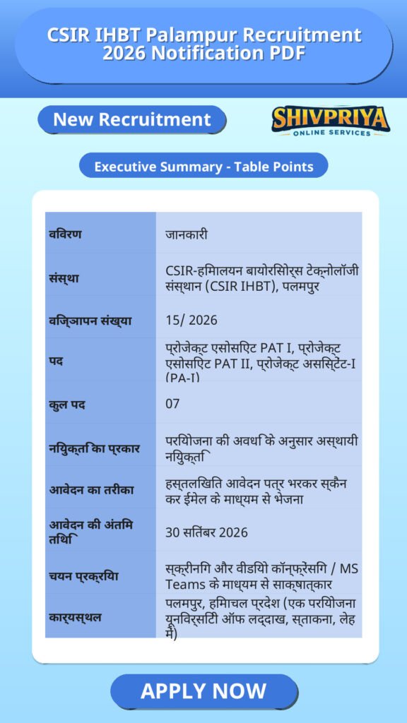 CSIR IHBT Palampur Recruitment 2026 Notification PDF