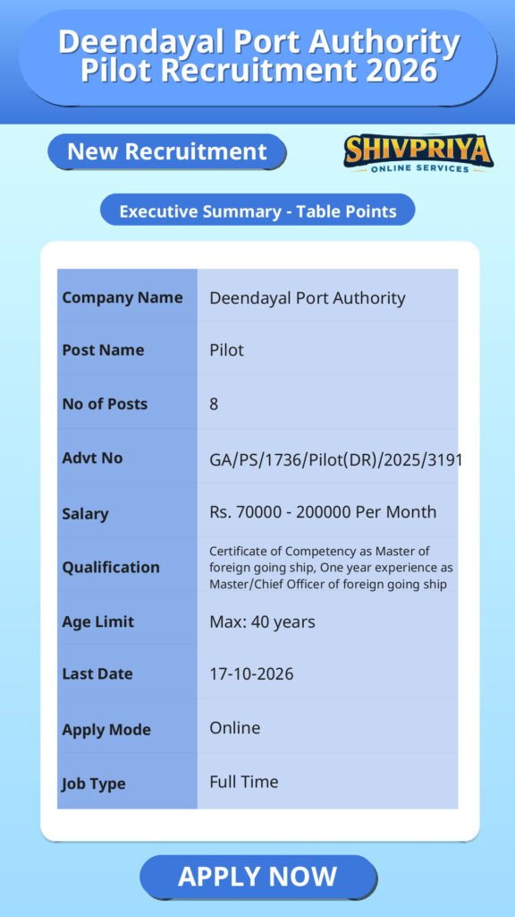 Deendayal Port Authority Pilot Recruitment 2026