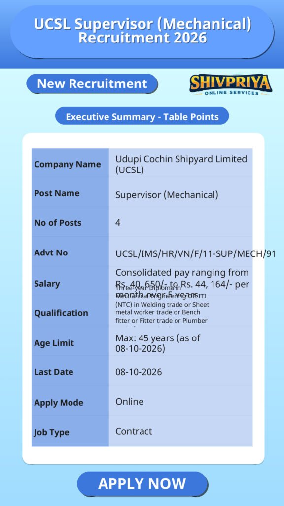 UCSL Supervisor (Mechanical) Recruitment 2026