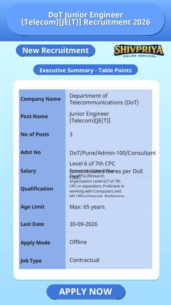 DoT Junior Engineer (Telecom)[JE(T)] Recruitment 2026