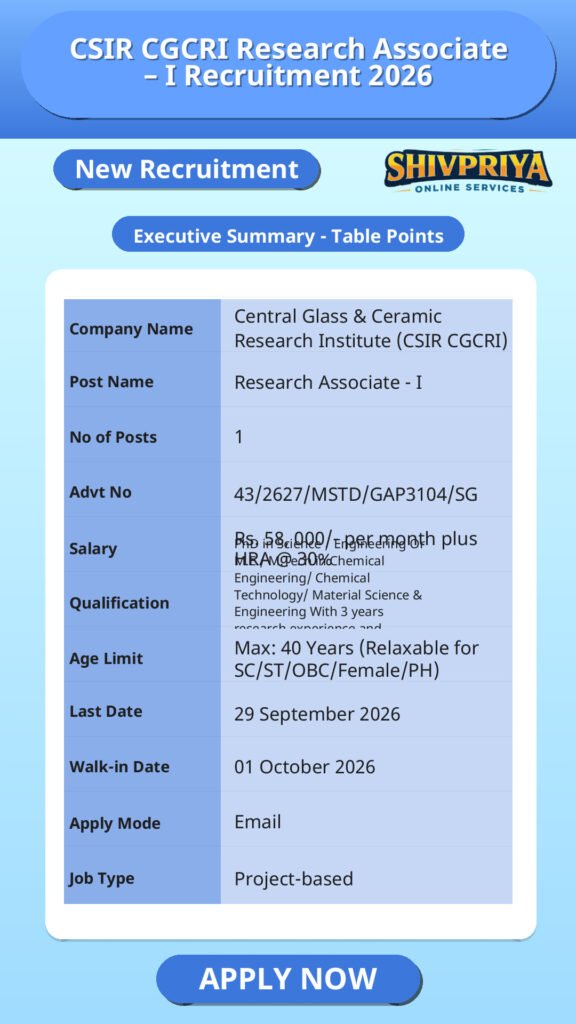 CSIR CGCRI Research Associate – I Recruitment 2026