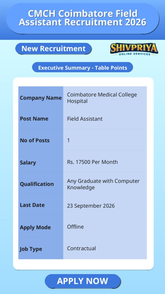 CMCH Coimbatore Field Assistant Recruitment 2026