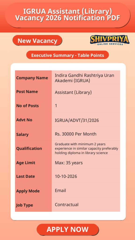 IGRUA Assistant (Library) Vacancy 2026 Notification PDF