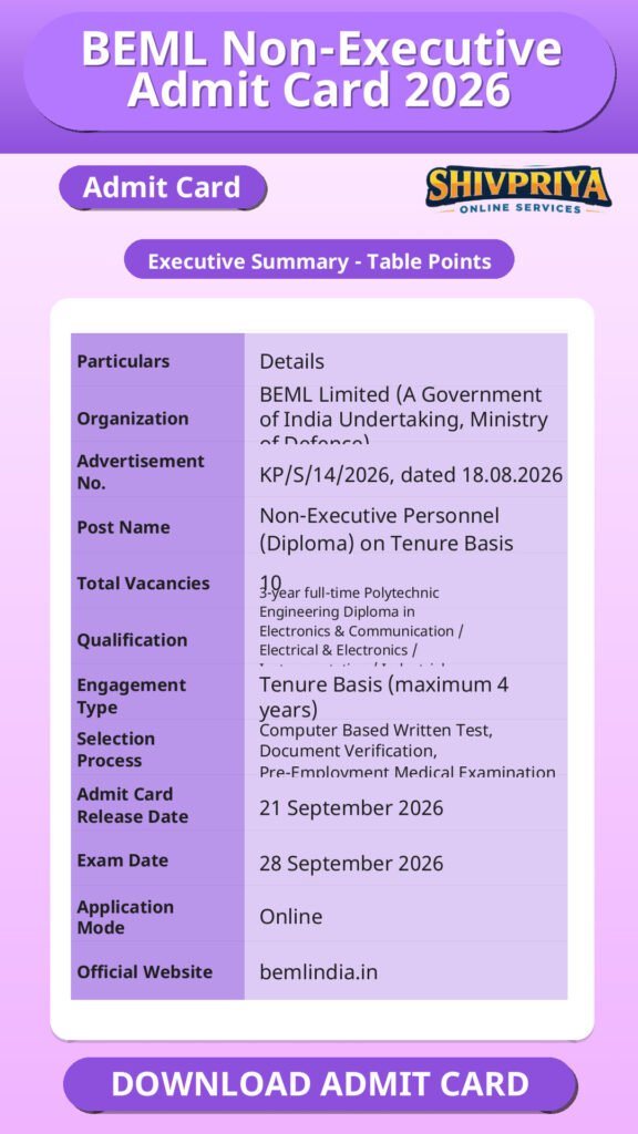 BEML Non-Executive Admit Card 2026