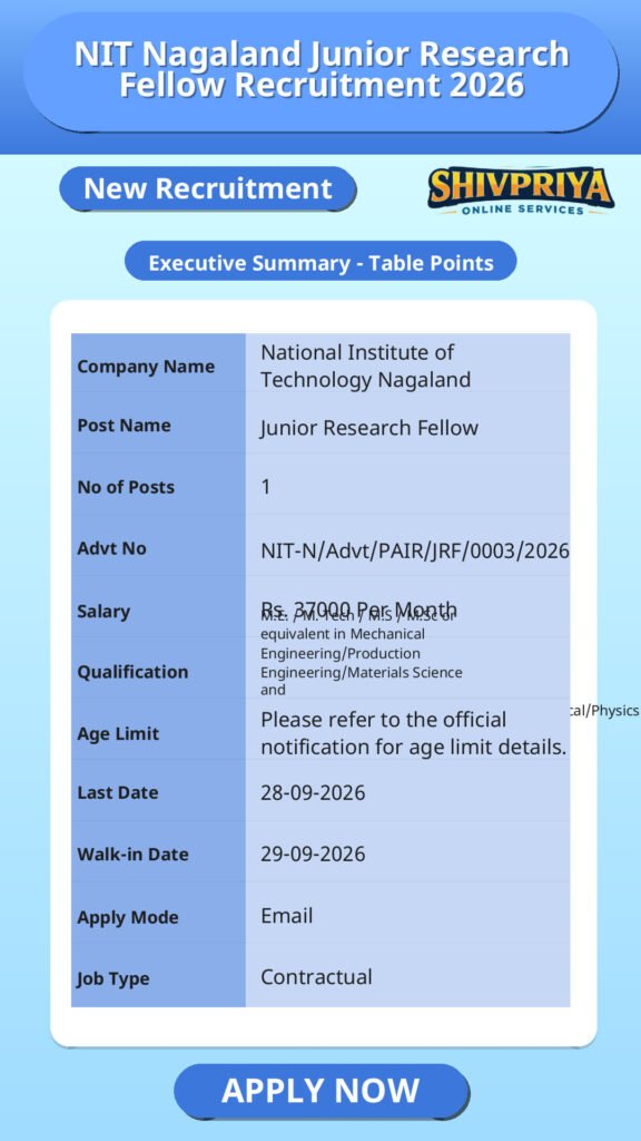 NIT Nagaland Junior Research Fellow Recruitment 2026