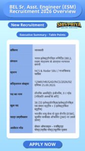 BEL Sr. Asst. Engineer (ESM) Recruitment 2026 Overview