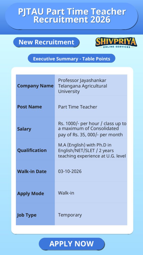 PJTAU Part Time Teacher Recruitment 2026