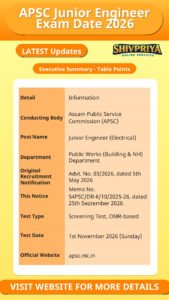 APSC Junior Engineer Exam Date 2026
