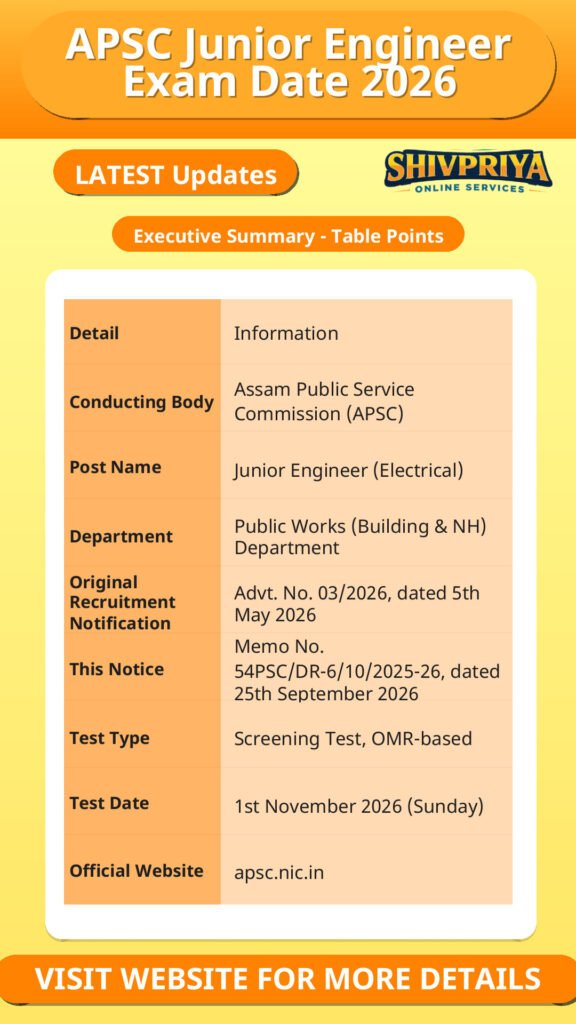 APSC Junior Engineer Exam Date 2026