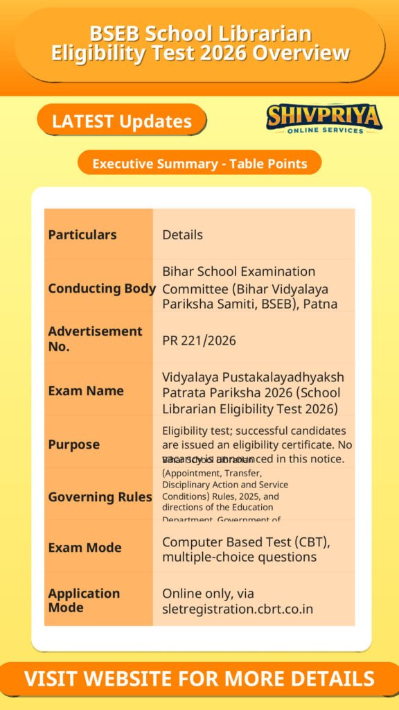 BSEB School Librarian Eligibility Test 2026 Overview