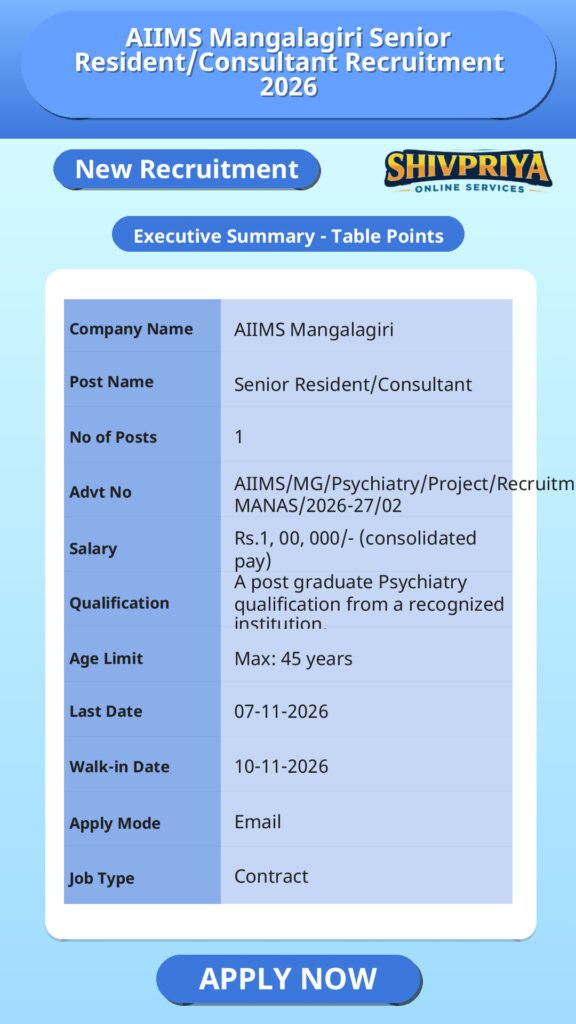 AIIMS Mangalagiri Senior Resident/Consultant Recruitment 2026