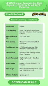 UPSSSC Platoon Commander Block Organizer Eligibility Result 2026 – Overview