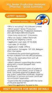 HLL Senior Production Assistant (Pharma) – Quick Summary