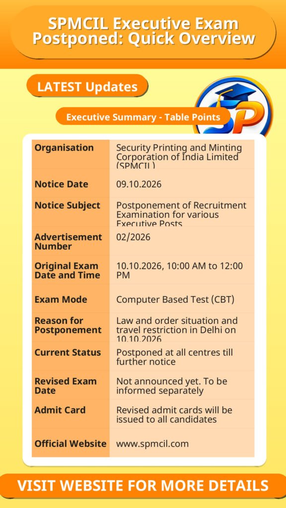 SPMCIL Executive Exam Postponed: Quick Overview