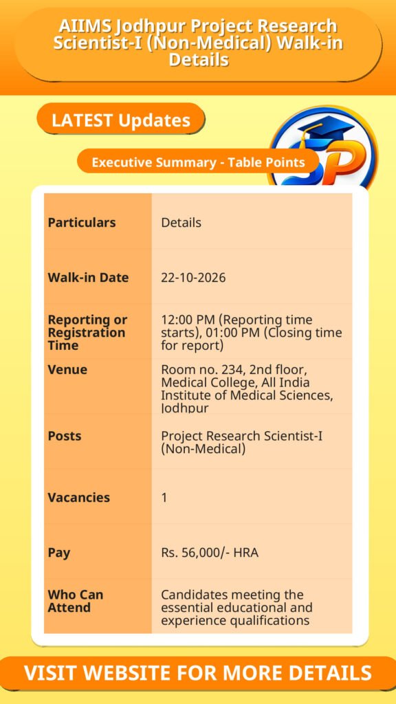 AIIMS Jodhpur Project Research Scientist-I (Non-Medical) Walk-in Details