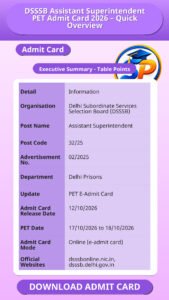 DSSSB Assistant Superintendent PET Admit Card 2026 – Quick Overview