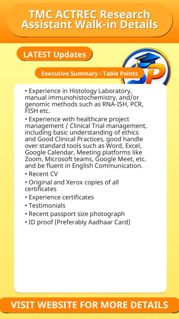 TMC ACTREC Research Assistant Walk-in Details