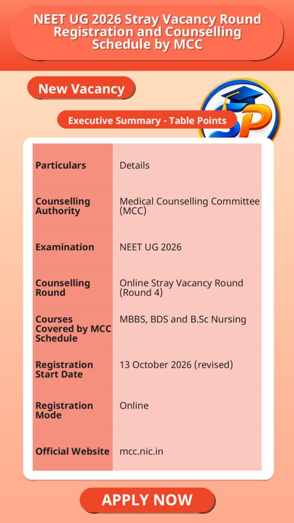 NEET UG 2026 Stray Vacancy Round Registration and Counselling Schedule by MCC
