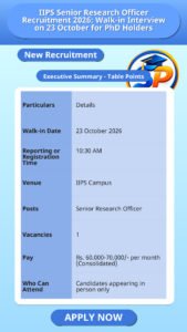 IIPS Senior Research Officer Recruitment 2026: Walk-in Interview on 23 October for PhD Holders