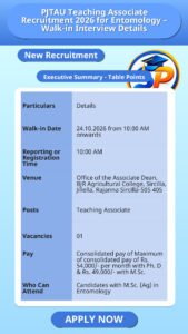 PJTAU Teaching Associate Recruitment 2026 for Entomology – Walk-in Interview Details