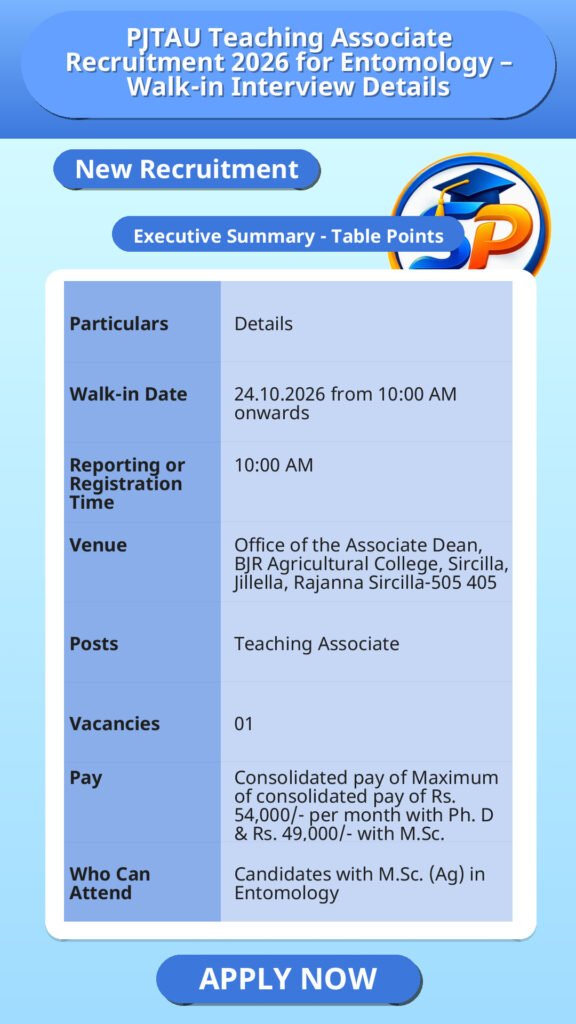 PJTAU Teaching Associate Recruitment 2026 for Entomology – Walk-in Interview Details
