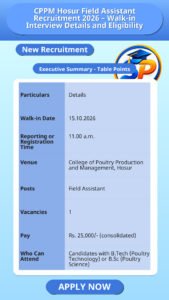 CPPM Hosur Field Assistant Recruitment 2026 – Walk-in Interview Details and Eligibility