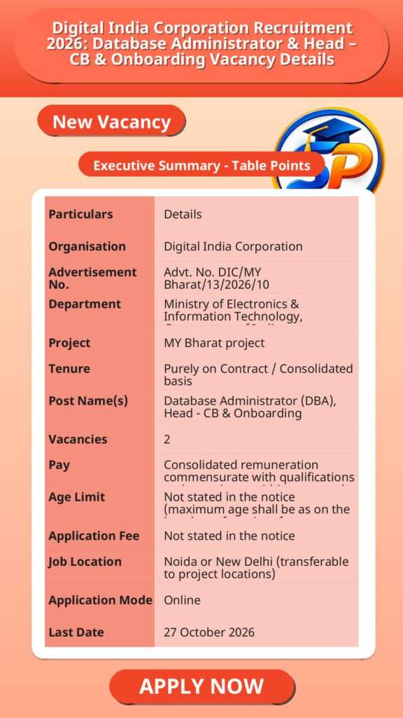Digital India Corporation Recruitment 2026: Database Administrator & Head – CB & Onboarding Vacancy Details