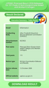UPESSC Principal Result 2026 Released for 111 Posts in Non-Government Aided and Women Colleges