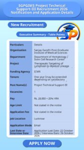 SGPGIMS Project Technical Support-III Recruitment 2026 Notification and Application Details
