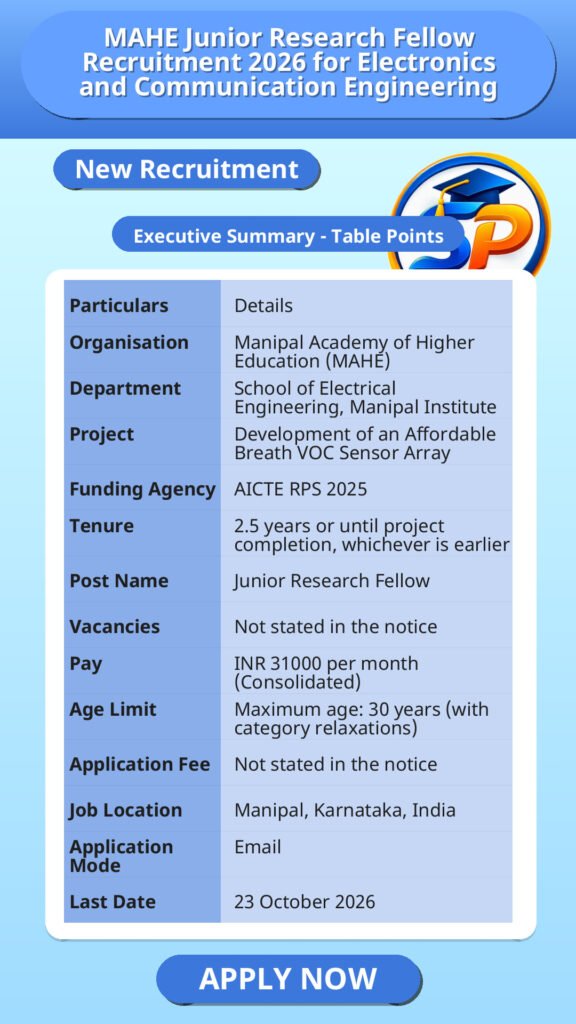 MAHE Junior Research Fellow Recruitment 2026 for Electronics and Communication Engineering