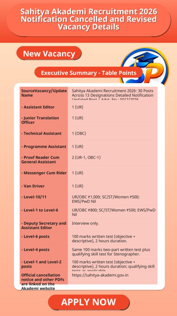 Sahitya Akademi Recruitment 2026 Notification Cancelled and Revised Vacancy Details