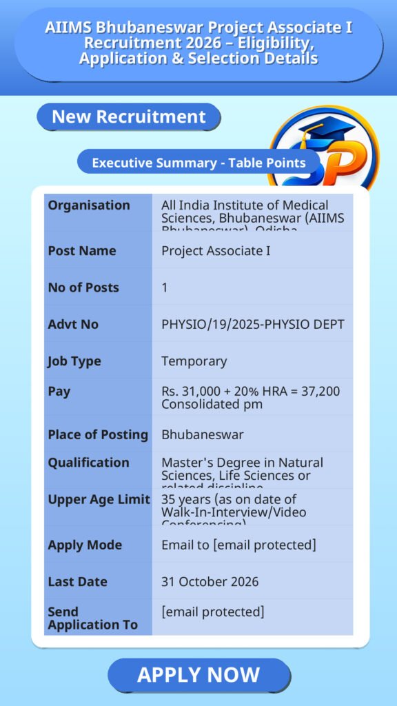 AIIMS Bhubaneswar Project Associate I Recruitment 2026 – Eligibility, Application & Selection Details