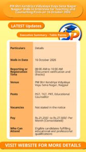 PM Shri Kendriya Vidyalaya Vayu Sena Nagar Nagpur Walk-in Interview for Teaching and Counselling Posts on 16 October 2026